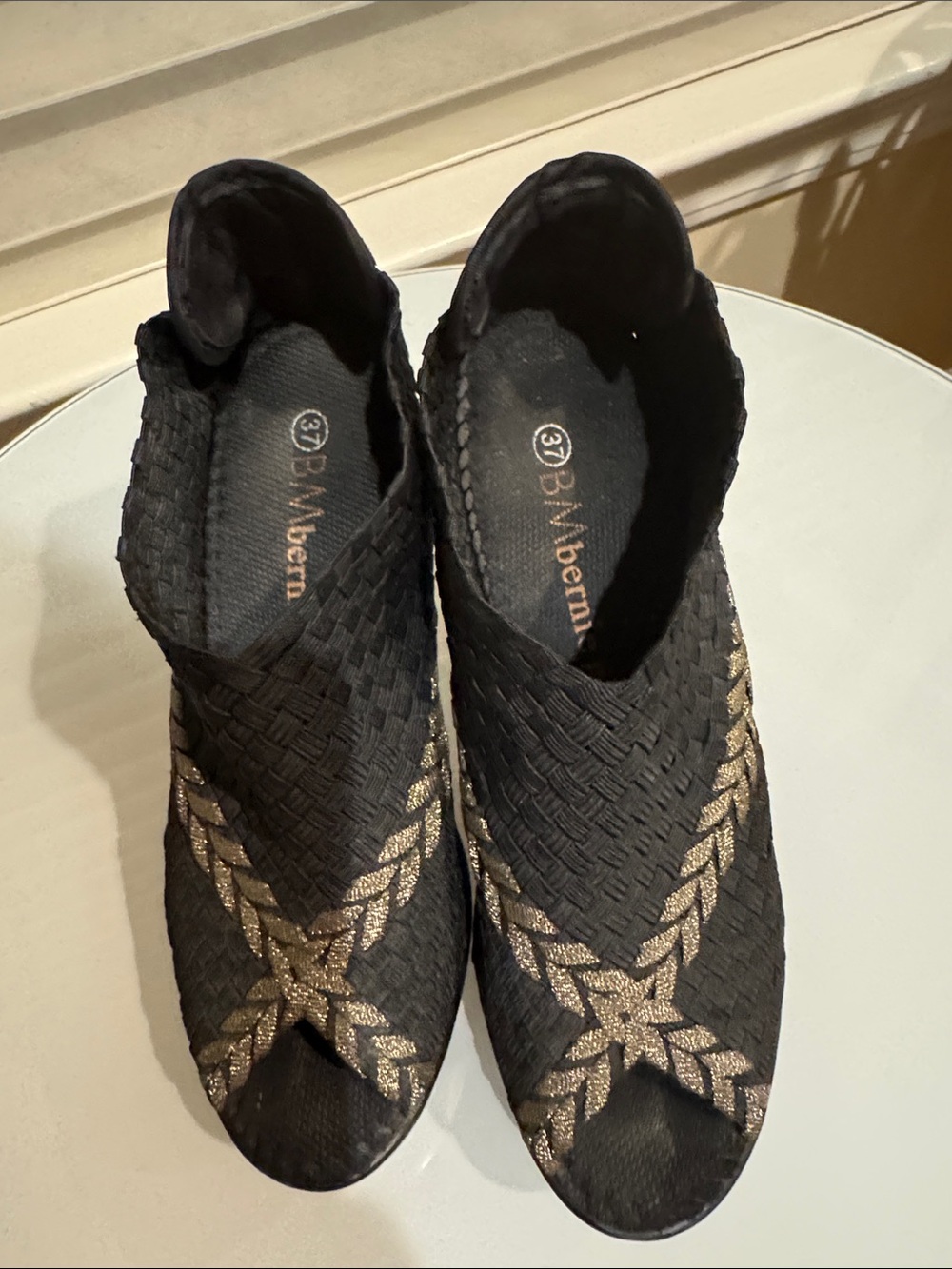 bernie mev. Black Woven Slip-On Heels with Gold Braided Accent